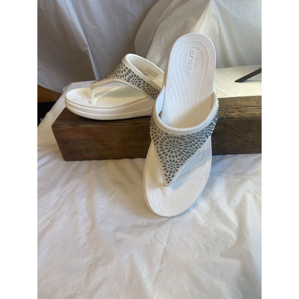 Women's CROCS White Monterey Diamante Wedge Flip Flops Si 10-Amazing Cond